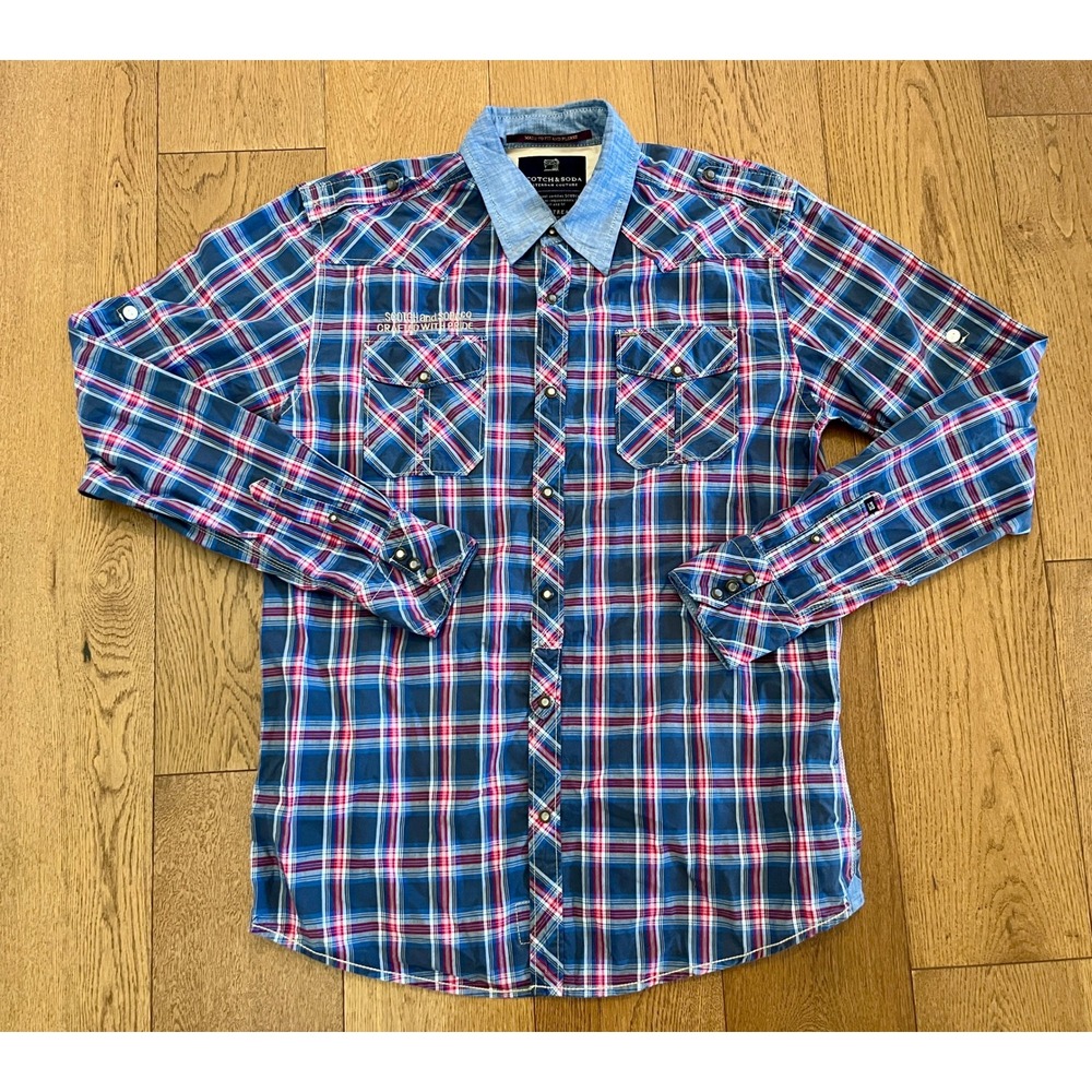 Scotch & Soda Men's XL Western Snap Shirt Blue Red Plaid Pearl Snap Chambray